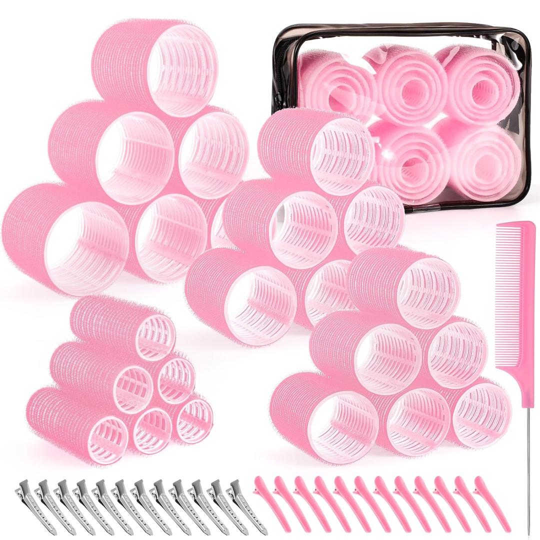 4 Sizes Self-Grip Hair Rollers Set for Long, Short Hair and Bangs - 50 Pcs with Clips (25mm, 36mm, 48mm, 60mm), Pink