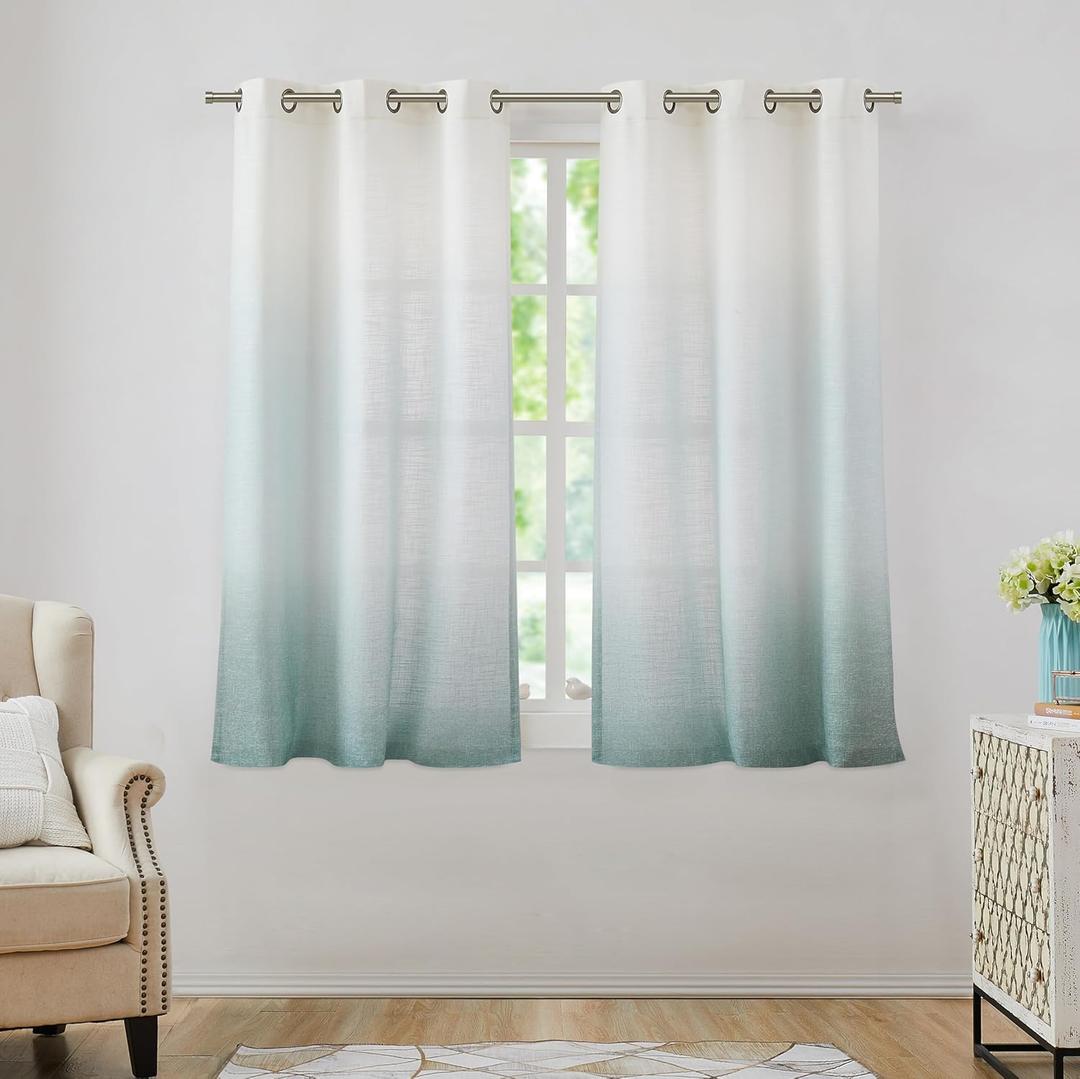 Central Park Ombre Window Curtain Panel Linen Gradient Print on Rayon Blend Fabric Drapery Treatments for Living Room/Bedroom, Cream White to Aqua, 40" x 63", Set of 2