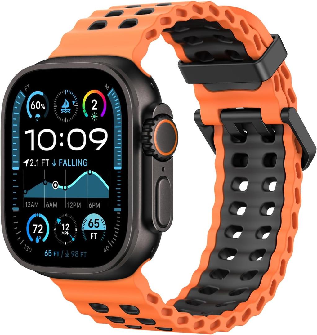Astorgos Breathable Ocean Band Compatible with Apple Watch Ultra 3/2/1 49mm,S11/10 46mm,9/8/7 45mm,SE3/SE2/SE/6/5/4 44mm,3/2/1 42mm, Adjustable Silicone Band Breathable Sport Strap, Orange/Black