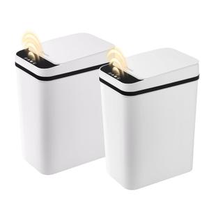 2 Pack Automatic Bathroom Trash Can 2.6 Gallon Smart Touchless Motion Sensor Trash Can with Lid Electric Waterproof Narrow Small Garbage Bin (C-Basic Battery Supply-White)