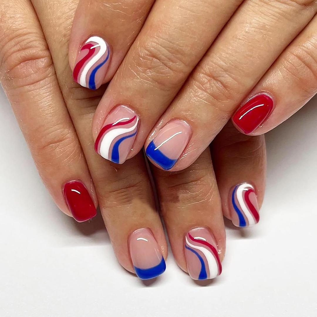 4th of July Short Press on Nails Square Curve Fake Nails Red Nude Nails Press on French Tip Glue on Nails Full Cover False Nails Glossy Stick on Nails Glossy Acrylic Nails for Woman 24Pcs