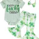 Newborn Baby Girl St Patricks Day Outfit Short Sleeve Letter Print Romper Clover Flare Pants Headband Clothes Set, 6-12M