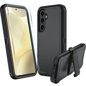 for Samsung Galaxy S24 FE 5G Case, S24 FE Heavy Duty case, [Belt Clip Holster] [Glass Screen Protector] [Military Grade Protective ] [Shockproof] [Dropproof] [Dust-Proof] (Black)