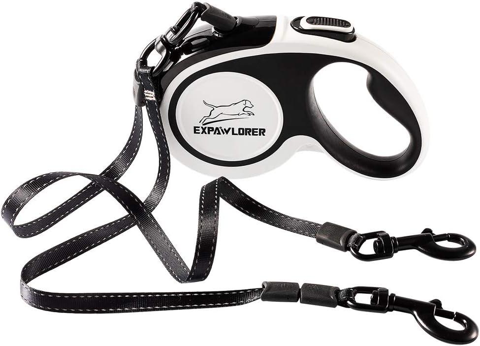 EXPAWLORER Dual Retractable Dog Leash - Double-Head Lockable Extendable Pet Leash - 16FT Reflective Nylon Ribbon - 360 Tangle-Free for Two Dogs Walking Training EXPAWLORER Dual Retractable Dog Leash - Double-Head Lockable Extendable Pet Leash - 16FT Reflective Nylon Ribbon - 360 Tangle-Free for Two Dogs Walking Training