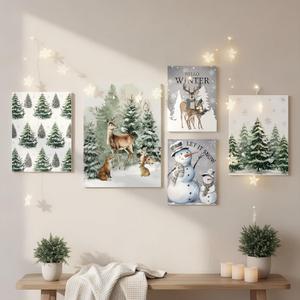 5 Pcs Winter Canvas Wall Art Snowman Winter Scene Pictures Rustic Let It Snow Prints Wall Decor Pine Tree Reindeer Snowy Prints for Living Room Bedroom Indoor Home Artwork Decorations