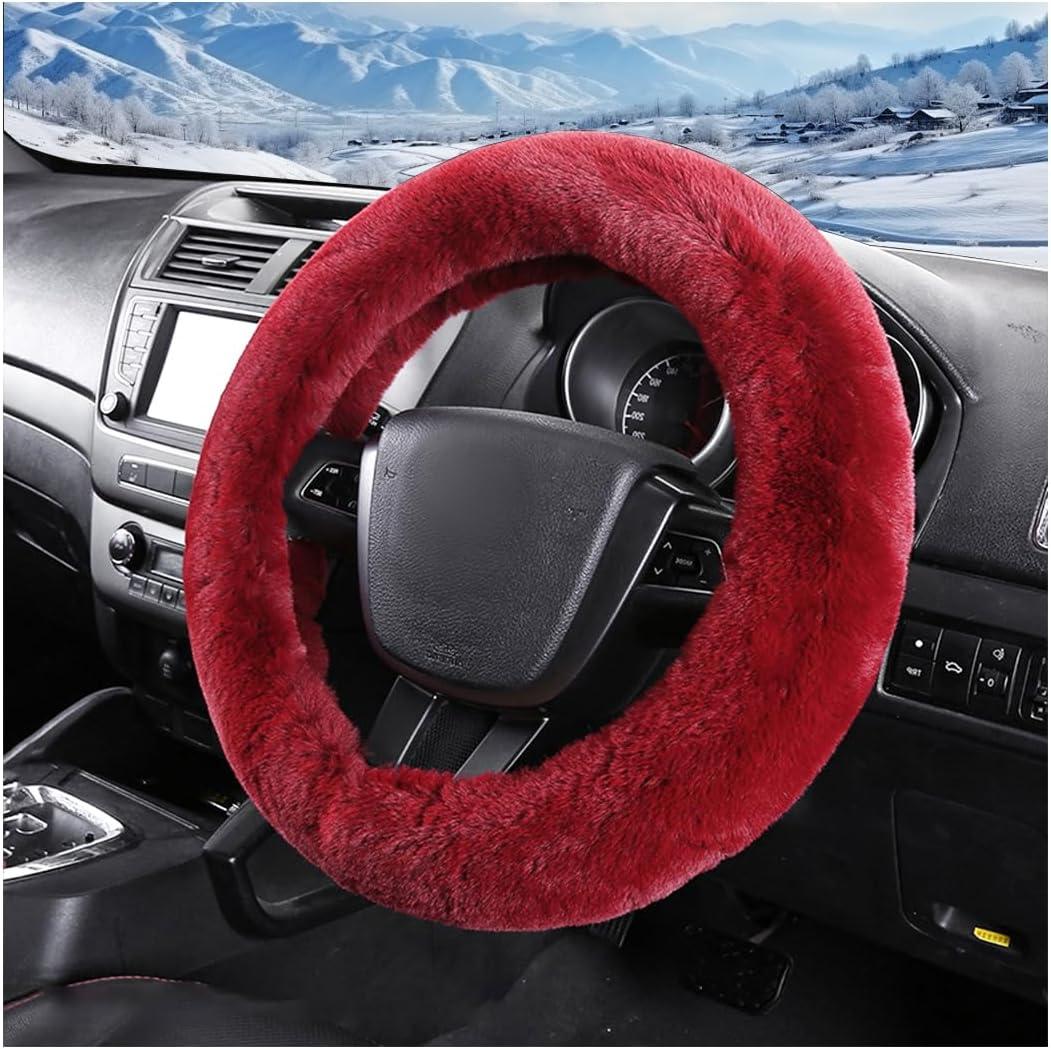 Car Fuzzy Steering Wheel Cover, 15 inch Fluffy Soft Steering Wheel Protector for Winter Warm, Anti-Slip Fuzzy Plush Vehicle Wheel Wrap Cover Interior Decoration for Women Men (Wine Red)