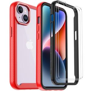 Annymall for iPhone 14 Clear Case with 2 Screen Protector,Heavy Duty Shockproof Drop Protection Phone Cover Rugged Durable Full Body Bumper Hard Case for Apple iPhone 14 (Clear/Black Red)