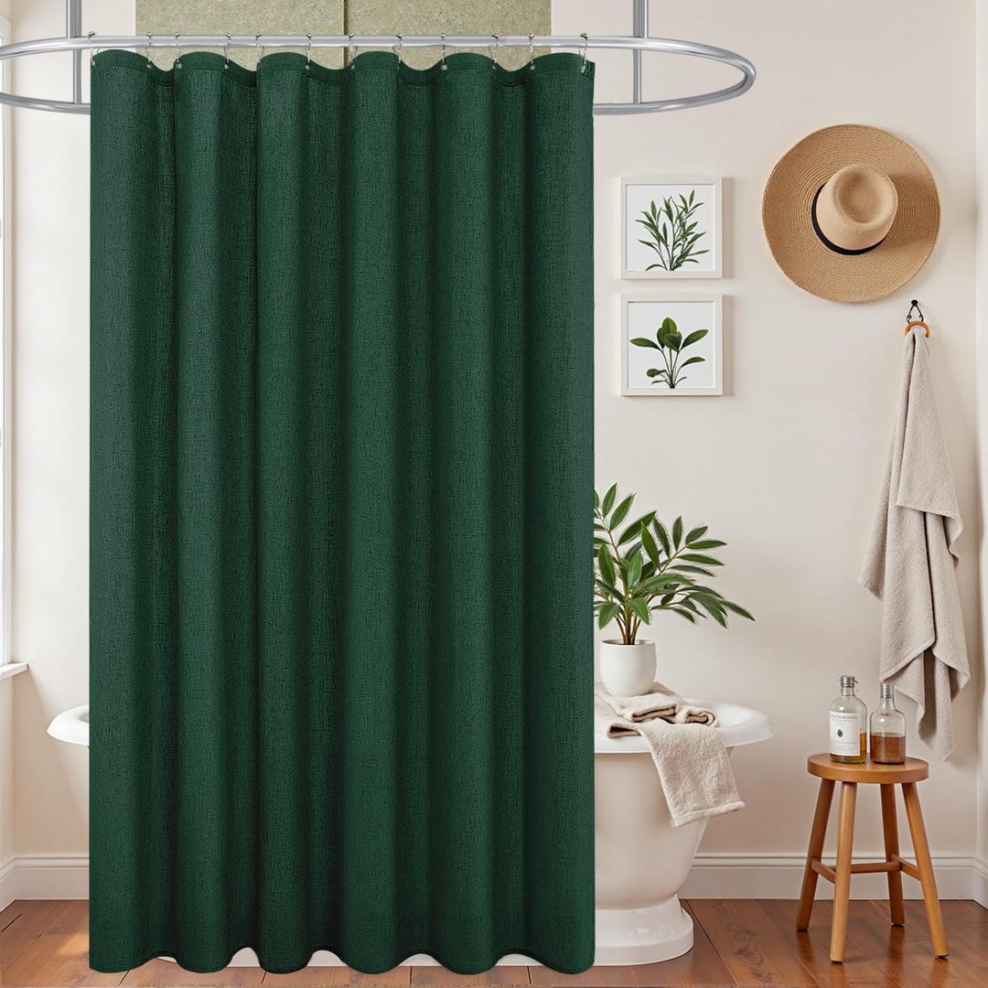 KOUFALL Green Shower Curtain for Bathroom,Boho Linen Washable Waterproof Cloth Shower Curtain Set with Hooks,72x72 Inch Long,Forest Emerald Hunter Dark Green Decor