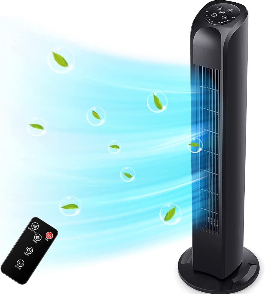 Uthfy Oscillating Tower Fan with Remote, Electric Standing Floor Fan for Bedroom Indoor Office and Home Use,Quiet Cooling Portable Bladeless Tower Fans, 30 inches, Black
