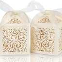 COTOPHER 100Pcs Laser Cut Favor Boxes, 2x2x2.75in Small Gift Boxes for Presents, Party Wedding Favors Boxes with Ribbon, Mini Candy Boxes for Event Bridal Shower Anniversary Birthday Christmas, Beige