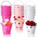 Sosation 18 Pcs Valentine Small Metal Bucket with Handle Mini Heart Pails Bulk Crayon Pencil Craft Supply Holder for Valentines School Party Favor with Heart Hollow(Rose Red, Pink, White)