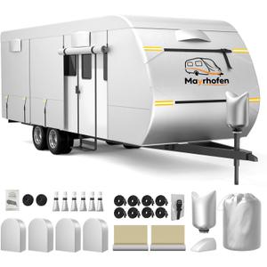 600D Oxford Fabric RV Cover 16-18ft Travel Trailer Cover, Multi-Layer Breathable Rip-Stop Camper Cover with Water-Resistant Coating, Repair Kit, Gutter Protection, Tire Straps