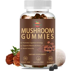 Mushroom Complex Gummies with Lions Mane Mushroom, Reishi, Cordyceps, Lion's Mane Mushroom Gummies for Adults Brain Booster, Immune Support, Energy-60