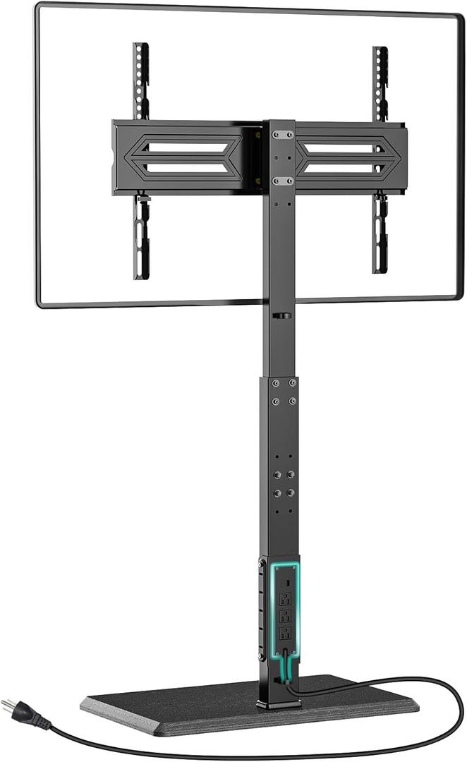 WALI Floor TV Stand with Power Outlet, Tall TV Stand Mount for 32-70 inch TV up to 110 lbs, Swivel and Height Adjustable TV Stands with Wood Base for Bedroom, Office(TVDVD-7P), Black