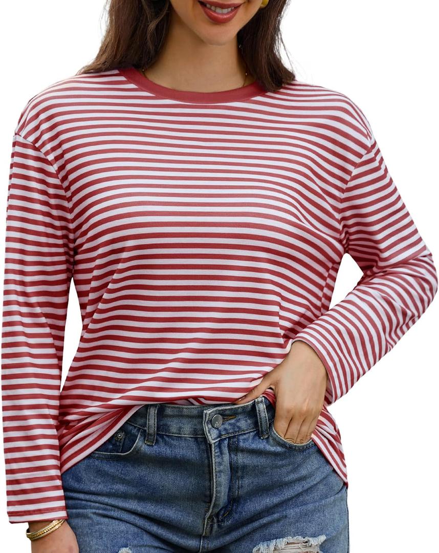 Gardenwed Long Sleeve Shirts for Women Striped Crewneck Loose Fit Basic Tops 2025 Fall T-Shirt (Red, S)