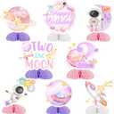 Jollyboom Two The Moon Birthday Decorations Honeycomb Centerpiece, Outer Space Happy Birthday Honeycomb Centerpiece Table Decoration Pink Planet for Girl Galaxy Solar System Space Theme 2nd Birthday