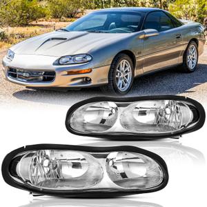 Headlights Assembly Pair for 1998-2002 Chevy Camaro 4th Gen Direct Replacement Halogen Headlamps Driver and Passenger Side, Chrome Housing Clear Reflector