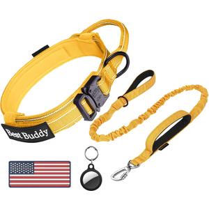 AUBELL Tactical Dog Collar and Leash Set, Reflective Adjustable Heavy Duty Military K9 Collars with Handle and Metal Buckle for Large Dogs, with Airtag Case and 2 Patches(Yellow,L)