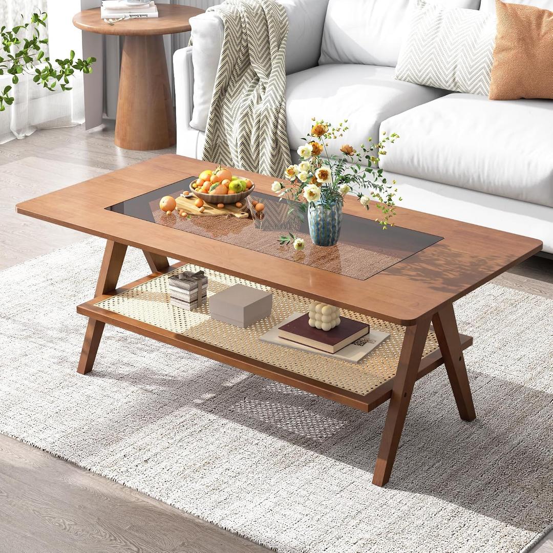 Mid Century Modern Coffee Table with Glass Top and Rattan Storage Shelf, Rectangular Walnut Wooden Coffee Table, Unique Center Tables for Living Room Apartment Home, 47.2 Inch, 42.7 x 23.6 x 17.5 inches
