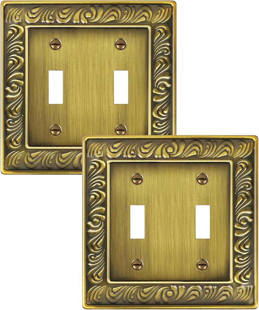 2-Pack Double Toggle Light Switch Cover Plate, Paisley Pattern Decorative Dual Switch Plate Covers, Antique Brass 2 Gang Metal Wall Plates for Electrical Outlets Switch