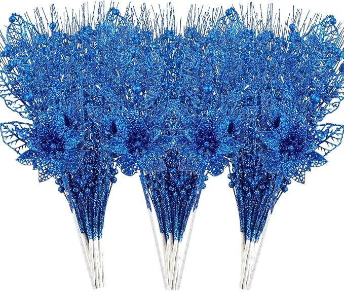 24 Pack Christmas Tree Ornaments  Artificial Flowers Glitter Berry Stems Christmas Floral Picks Branches for Xmas Tree Decorations Vase Filler Holiday Wedding Party Home Decor (Blue)
