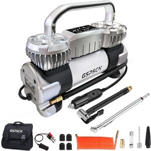 GSPSCN 6X Faster Inflation Digital Dual Cylinder Portable Air Compressor,12V Metal Tire Inflator w/Adapter & Pencil Pressure Gauge 150PSI LED LightHeavy Duty Air Pump for Car,Truck,SUV,ORV,RV,Balls