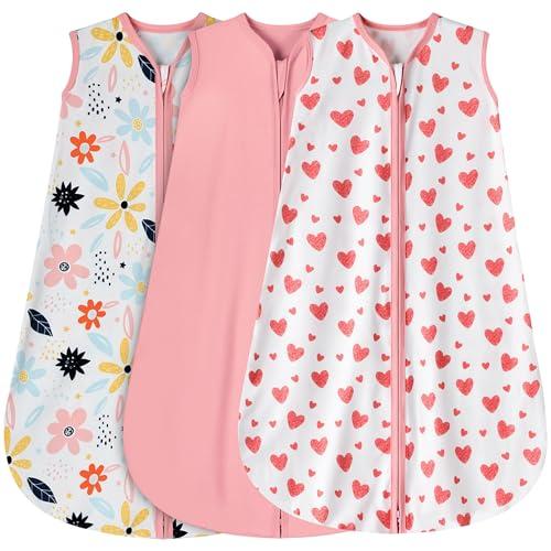 BSTOPPT 3 Pack Baby Sleep Sack 18-24 Months 100% Rayon Cotton Baby Sleeping Bag 2-Way Zipper Toddler Wearable Blankets Comfy Stretchy Lightweight TOG 0.3（Heart&Pink&Floral）