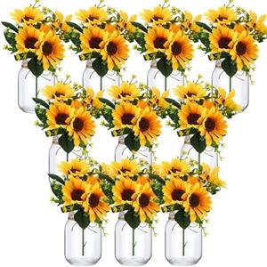 XunYee 10 Set Mason Jar Table Centerpiece with Flower Mason Jar Flower Centerpiece Vases Decor for Engagement Party Bridal Shower Centerpieces Wedding Reception Table Decor(Sunflower)