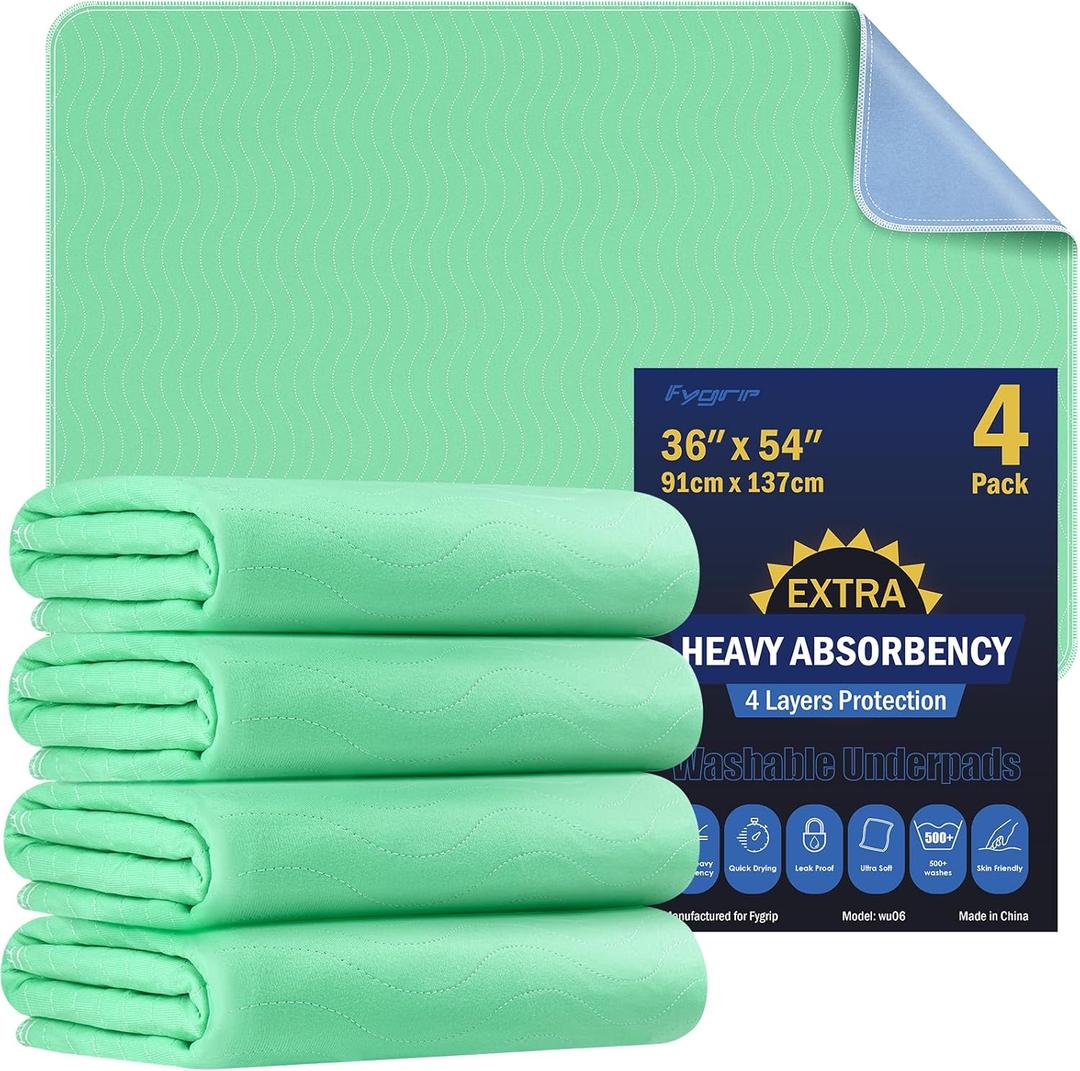 4 Pack 36" x 54" Extra Heavy Absorbency Washable Underpads, Waterproof Nursing Pads Incontinence Bed Pads, Reusable Washable Pee Pads for Dogs, Diaper Changing & Adults, Mattress Protector