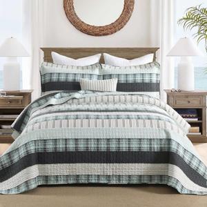 Homzard 100% Cotton Quilts Queen SizeTeal Black Beige Queen Quilt Bedding Set,Farmhouse Plaid Striped Bedspread Set,Lightweight Breathable Comforter Reversible Coverlet All Season 3 Pieces | Oeko-Tex Certified