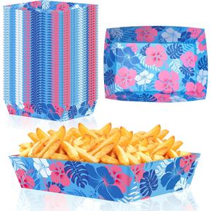Geefuun 50pcs Hawaiian Luau Party Decorations - Blue Cartoon Hibiscus Flower Paper Food Trays for Summer Birthday, Aloha Themed Disposable Serving Supplies