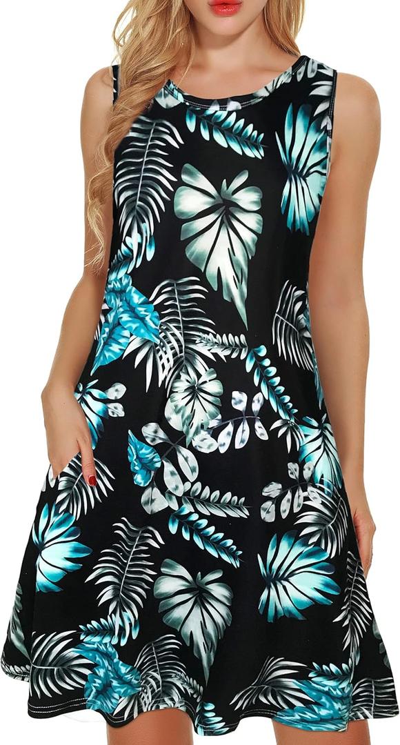 elescat Women's Summer Dresses 2025 Beach Casual Sleeveless Floral Print Tank Loose Sundress with Pocket (Large, A Floral)