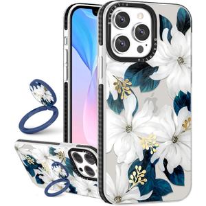 Boaretiu Cute Kawaii for iPhone 13 Pro Case with Stand - Fashion Cool 360° Rotate Ring Holder Kickstand Blue Flower Design for Women Girls Boys Teens Girly for iPhone 13 Pro Phone Case