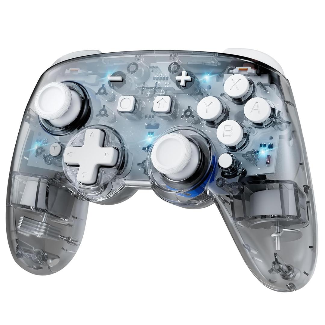 momen RGB Hall Effect Wireless Pro Switch Controller for Nintendo Switch/OLED/Lite,Gamepad Remote with 7 LED lighting Colors/Paddle/Bluetooth/PC/Turbo - Clear