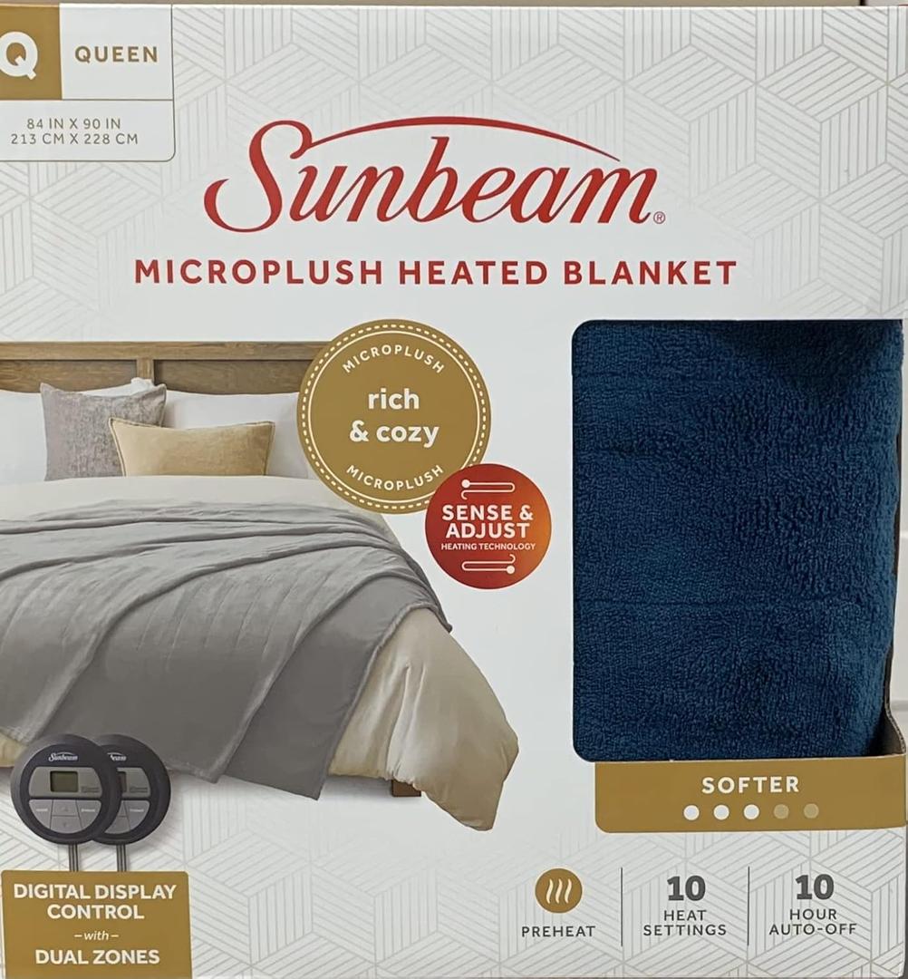 Sunbeam Microplush Queen Electric Heated Blanket with Preheat Feature Two Digital Controller 10-Heat Settings Auto Shut-Off , UL Certified for Safety, Legion Blue, King