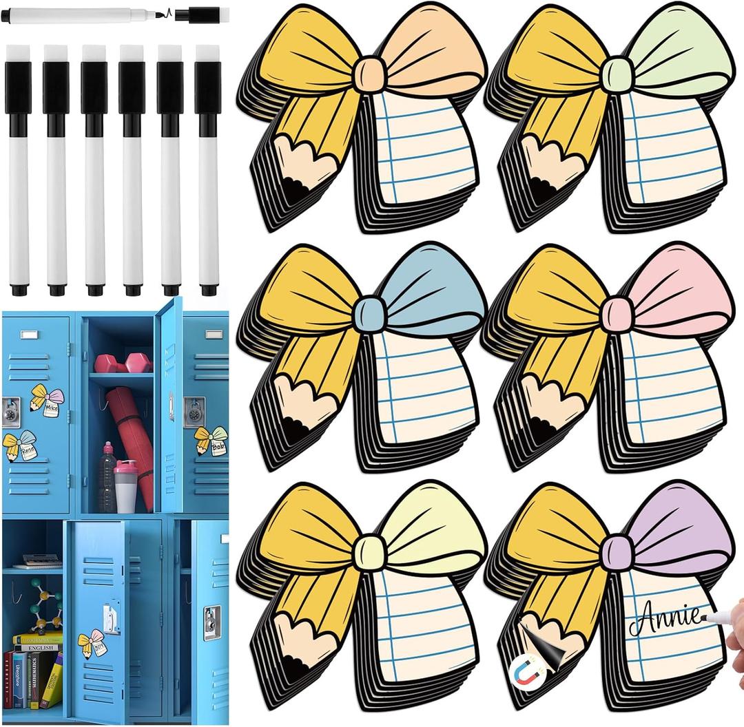 2 x Crtiin 42 Pcs Pencil Notebook Magnetic Bow Name Tags Set for Lockers 4.5 Inch Bow Dry Erase Labels Magnetic Reusable Name Tags for Back to School Locker Whiteboard Classroom Supplies Decorations, 4.72 x 4.53 inches
