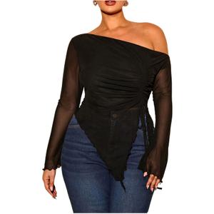 RoseSeek Women's Plus Size Sheer Mesh Off Shoulder Tops Long Sleeve Drawstring Asymmetrical Hem Ruched T Shirt (3X-Large Plus, Black)
