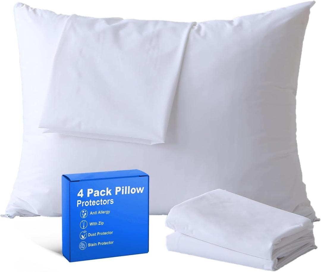 Feather Proof 4 Pack Pillow Protectors Anti Allergy 3-4 Micron Pore Size Standard 20x26 Inches Premium Cotton Blend Tight Weave Non Noisy Zippered Covers Breathable Non Crinky