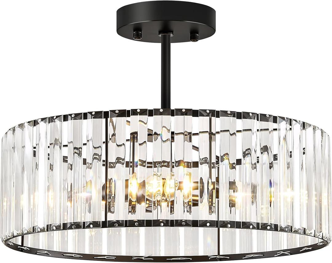 Pevfah Crystal Black Ceiling Light, Modern Semi Flush Mount Ceiling Lighting Fixture, Round Hallway Lighting Fixtures Chandelier for Kitchen Entryway Bedroom Dining Room, 3-Light, 15.7 Inch