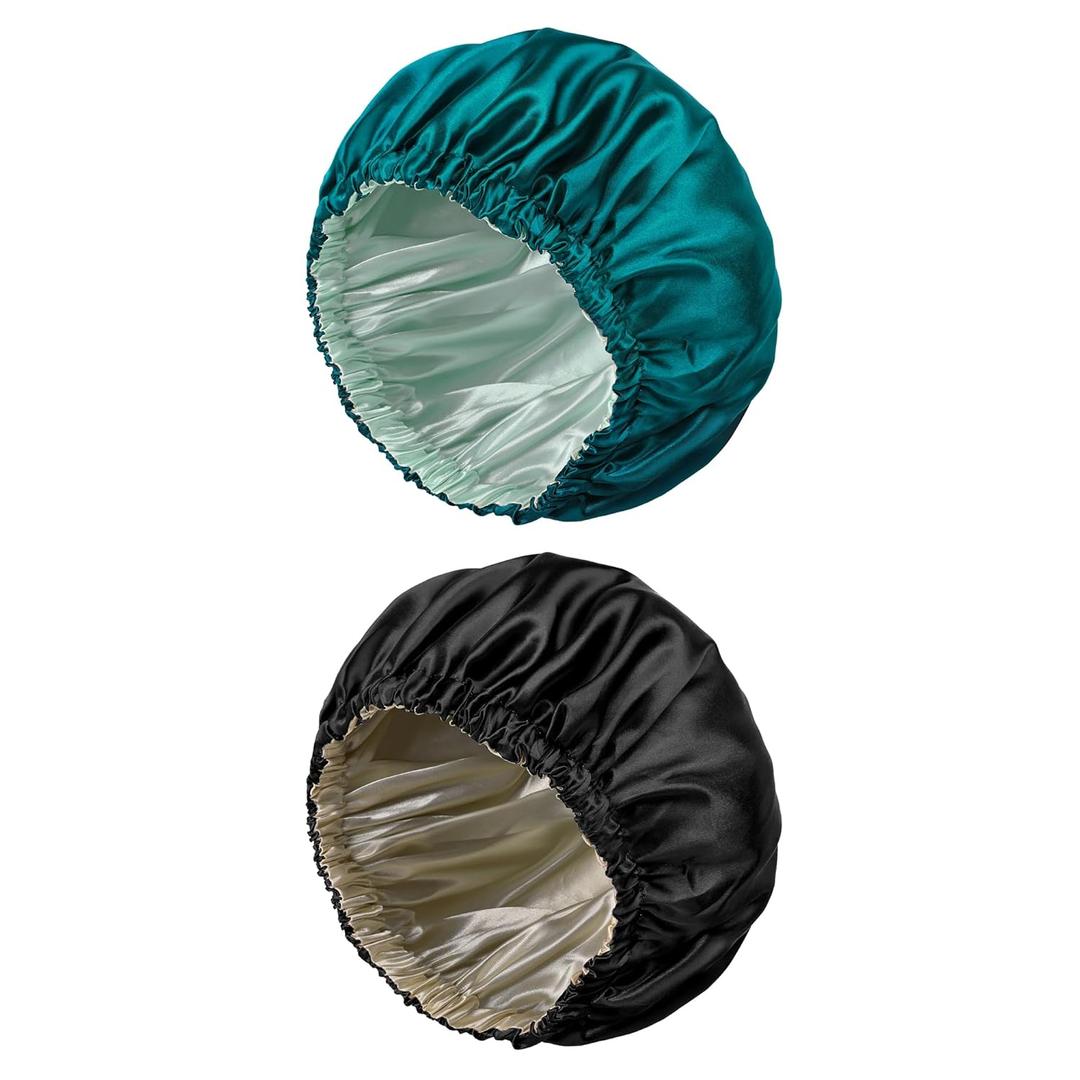 2 x Double Layer Silk Bonnet for Sleeping for Women and Men Large Satin Hair Cap for Curly and Natural Hair Blue Zircon + Black