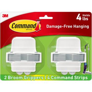 Command Broom Grippers, 2 Hangers and 4 Strips, Damage-Free Mop and Broom Holder Wall Mount, Household Cleaning Tool Organizer for Kitchen, Laundry Room, Closet, Holds up to 4 lb (White)