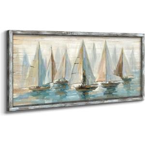 Ocean Pictures Wall Art Framed: Beach Seaside Artwork Coastal Sailboat Art on Wooden Seascape Painting for Living Room(60x30)