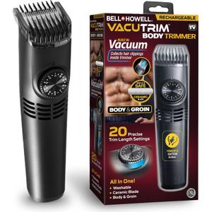 Vacutrim Cordless Body Shaver for Men, Rechargeable Grooming Tool with 20 Trim Settings, Integrated Vacuum System - Black, 7.5", As Seen On TV