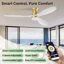52" Wood Ceiling Fans with Lights Remote,Smart Control via WIFI Alexa APP,Outdoor Indoor Flush Mount Ceiling Fan for Low Profile Modern Living Room,Patio,White and Gold,Dimmable LED,Quiet DC Motor