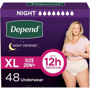 Depend Night Defense Adult Diapers, Incontinence & Postpartum Bladder Leak Underwear for Women, Disposable, Overnight, Extra-Large, Blush, 48 Count (4 Packs of 12)