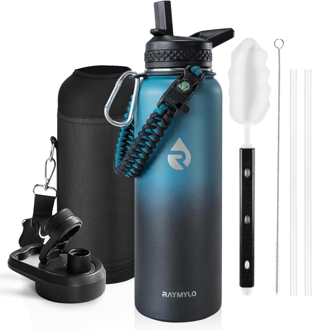 Insulated Water Bottle 40 oz, Triple Wall Vacuum Stainless Steel (Cold for 48 Hrs), Leak Proof & Non-BPA, Modern Water Flask Jug with Paracord Handle & Straw Spout Lids, Indigo/Black (40 Ounces)