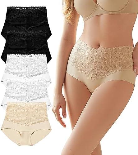 SHARICCA High Waist Lace Underwear for Women Seamless Sexy Panties Ladies Stretch Full Coverage Briefs, Pack of 5, M