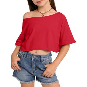 Girls Off The Shoulder Tops Short Sleeve Oversized T Shirts Rolled Cuffs Loose Fit Crop Tops for Kids, R ed, 13-14 Years