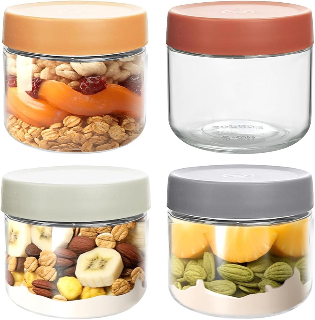 4 pack 10oz Thick Glass Jar with Lid for Overnight Oats,Reusable Leak Proof Wide Mouth Mason Jar perfect for Overnight Oats Fruit Salad Dressing Snacks Cereal Sauce Beans Condiment,Dishwasher Safe