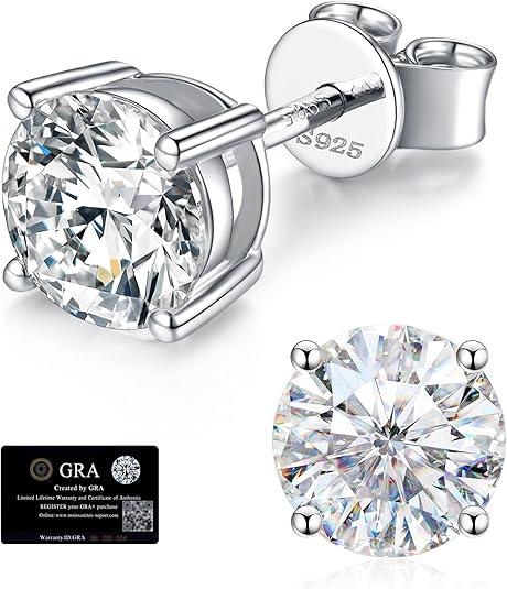 Moissanite Stud Earrings for Women, 925 Sterling Silver Earrings, 18K White Gold Plating earrings for Men (0.6-4ct)